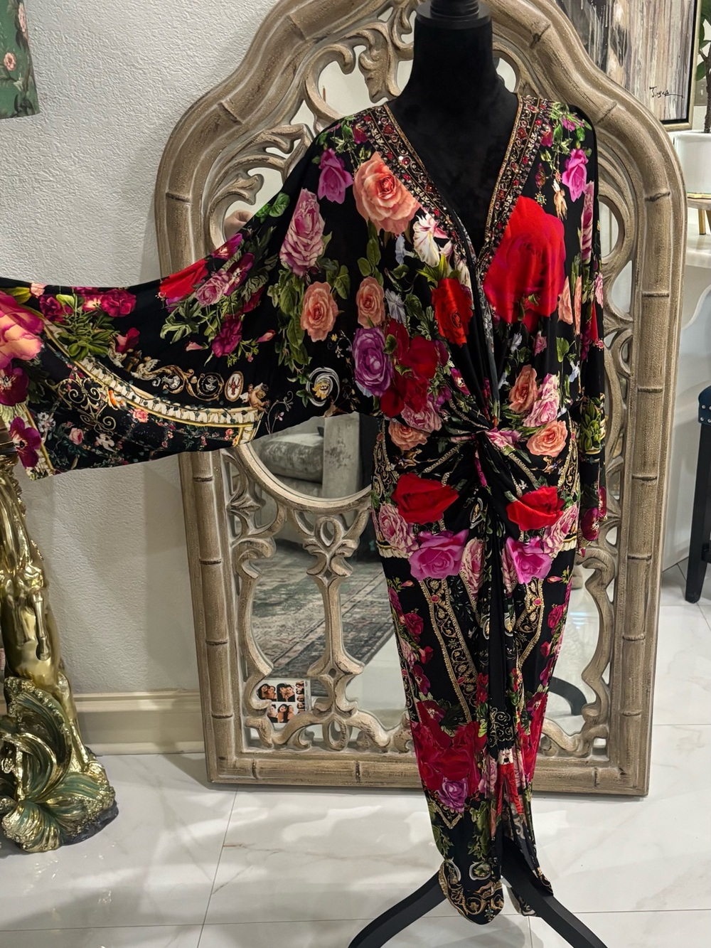 Camilla Black Floral Maxi Dress with Pink and Purple Accents